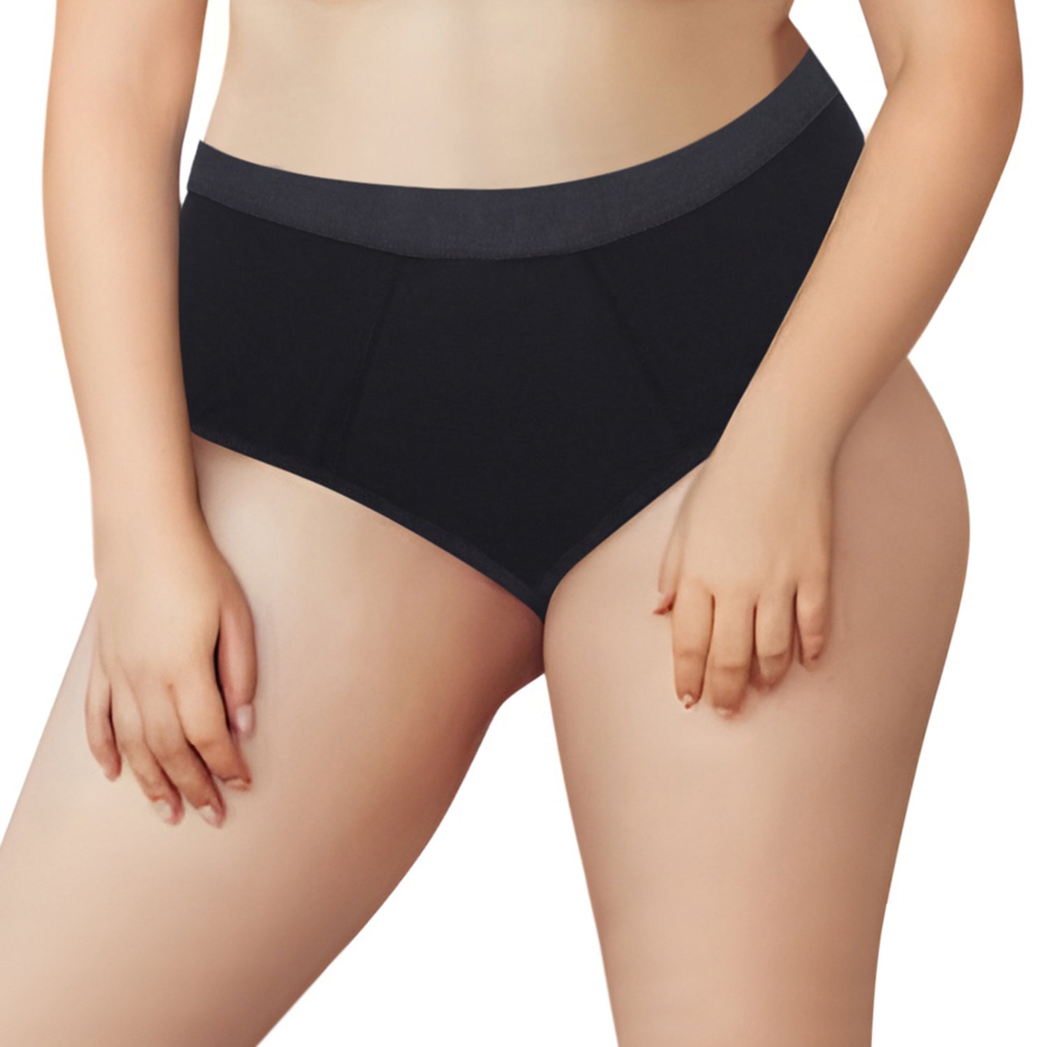 Women's high-waist black reusable cotton period underwear with full coverage and leak-proof design for menstrual comfort and protection.
