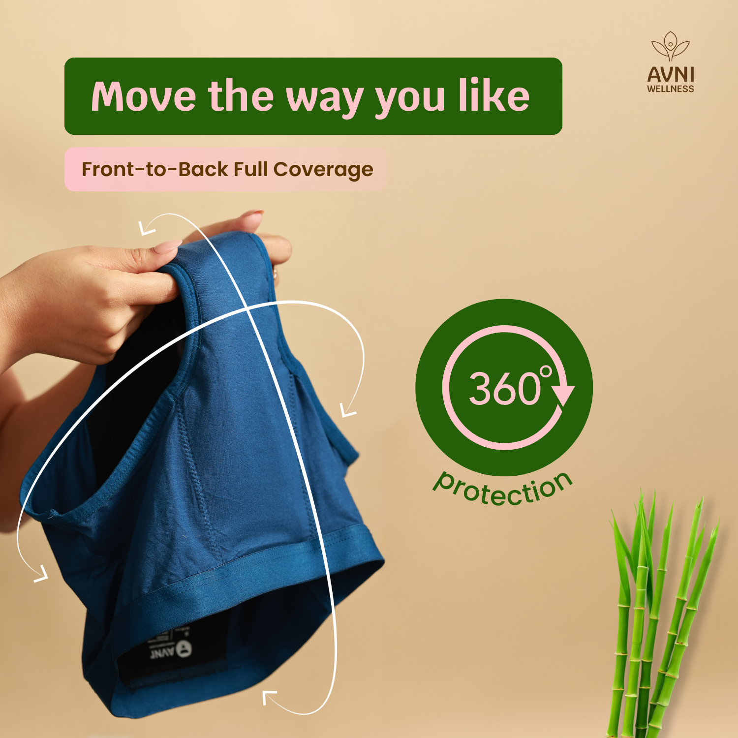 Avni Wellness period panty with 360° front-to-back full coverage protection – made from breathable organic bamboo fabric for secure and leakproof movement.