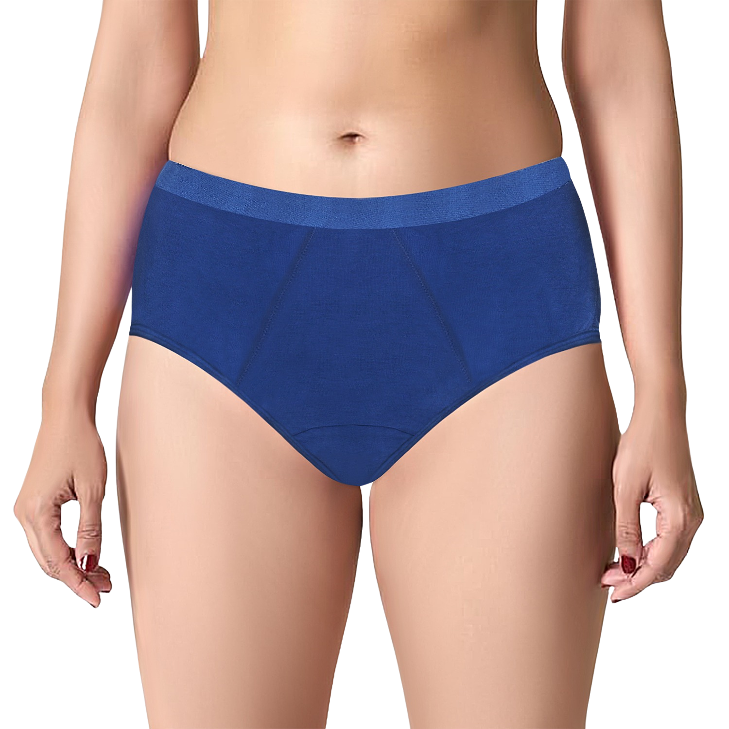 Women's high-waist blue resuable cotton period underwear with full coverage and leak-proof design for menstrual comfort and protection.