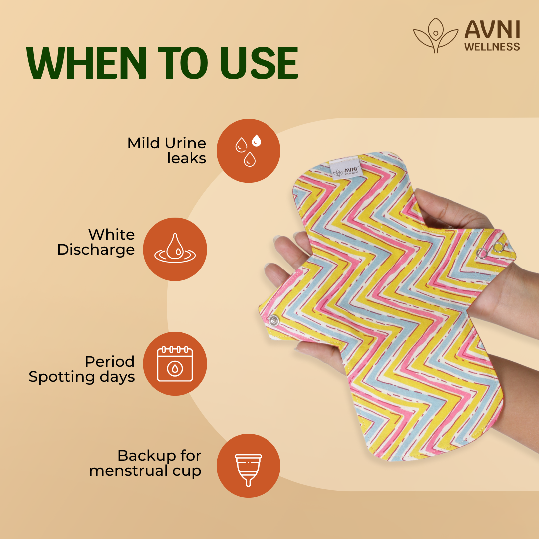 Reusable cloth panty liners with colorful zigzag pattern held by a hand, on a beige background with text about product uses.