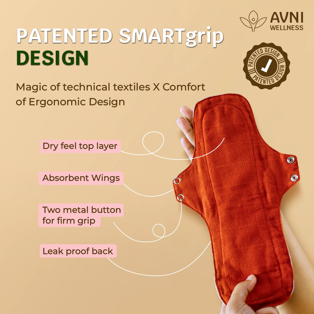 Patented reusable pad with text explaining features on a beige background, featuring AVNI Wellness branding.