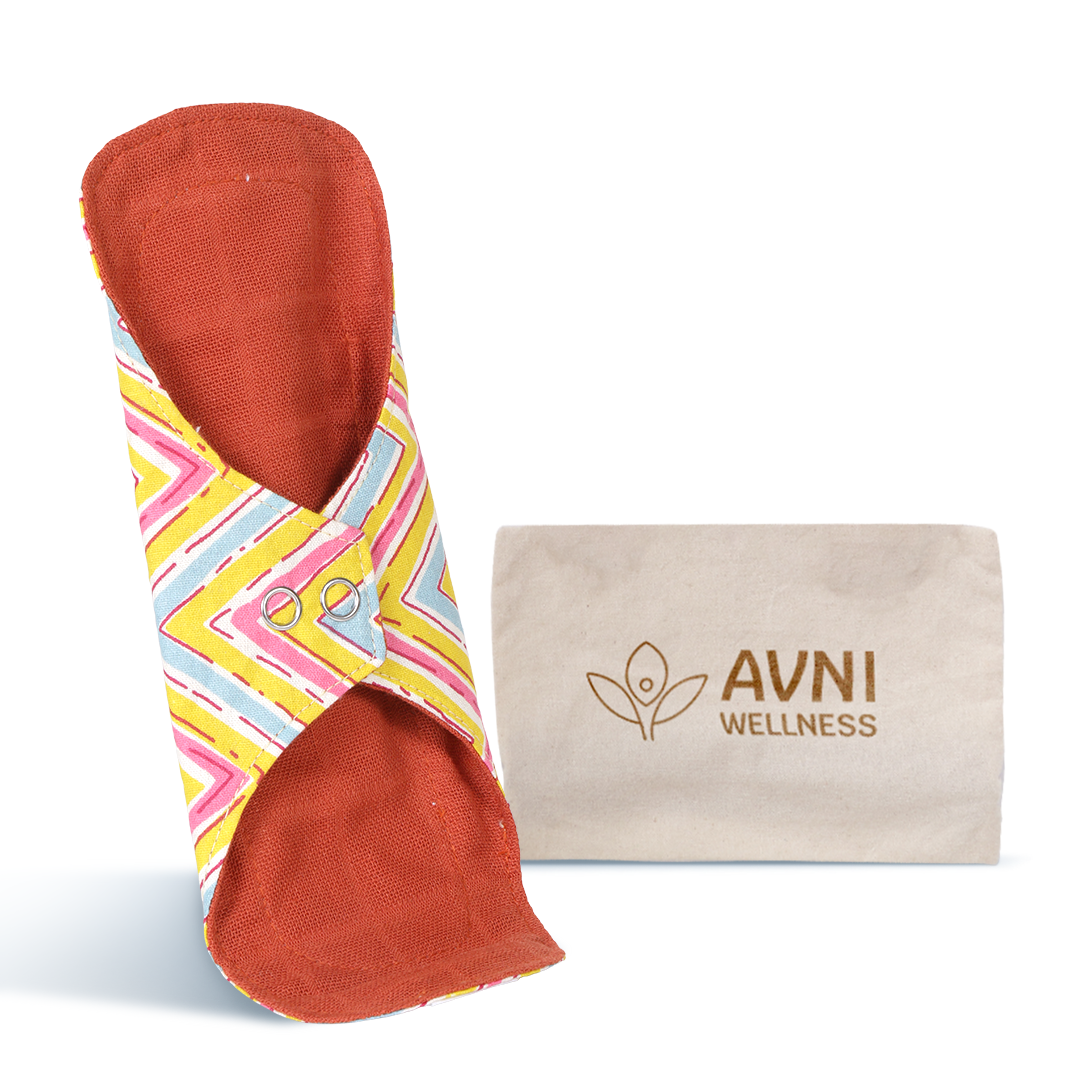 Red and Colorful reusable panty liner with a beige pouch labeled 'AVNI WELLNESS' on a white background