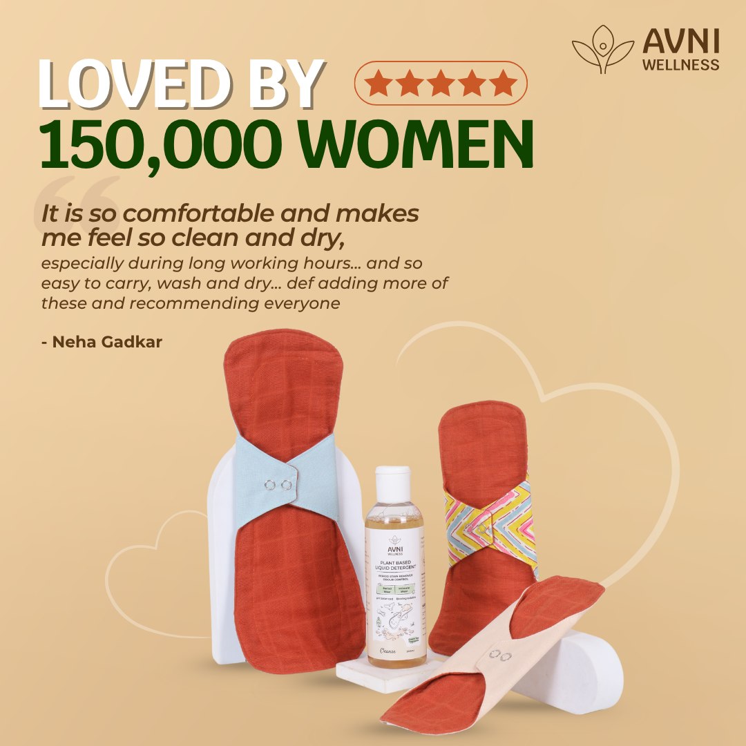 AVNI Wellness reusable panty liner on a beige background, featuring customer review text.