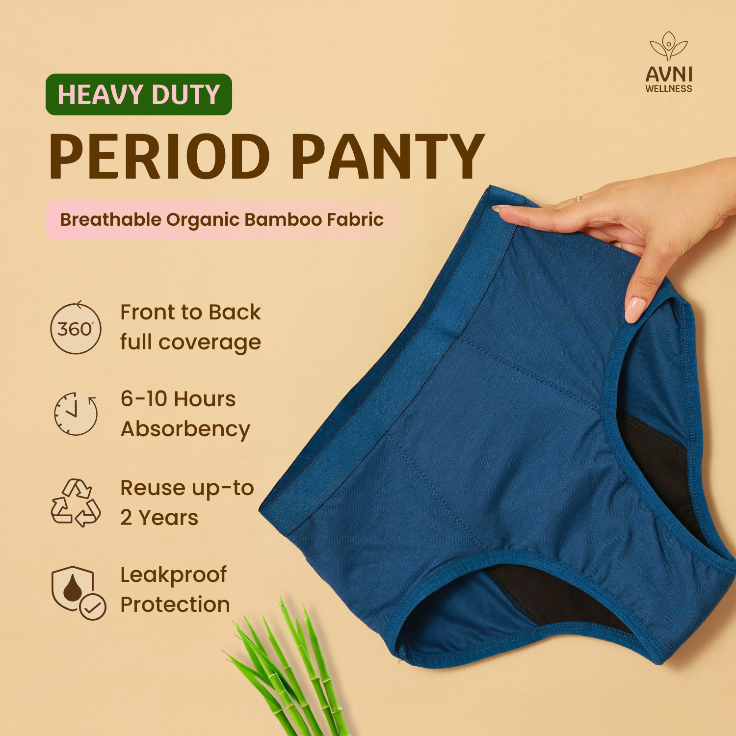 Heavy duty period panty made with breathable organic bamboo fabric – leakproof, full coverage, 6–10 hour absorbency, reusable up to 2 years – Avni Wellness.