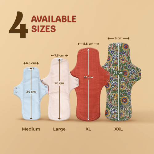 Avni Wellness Four Avni cloth pads of different sizes with measurements on a beige background.