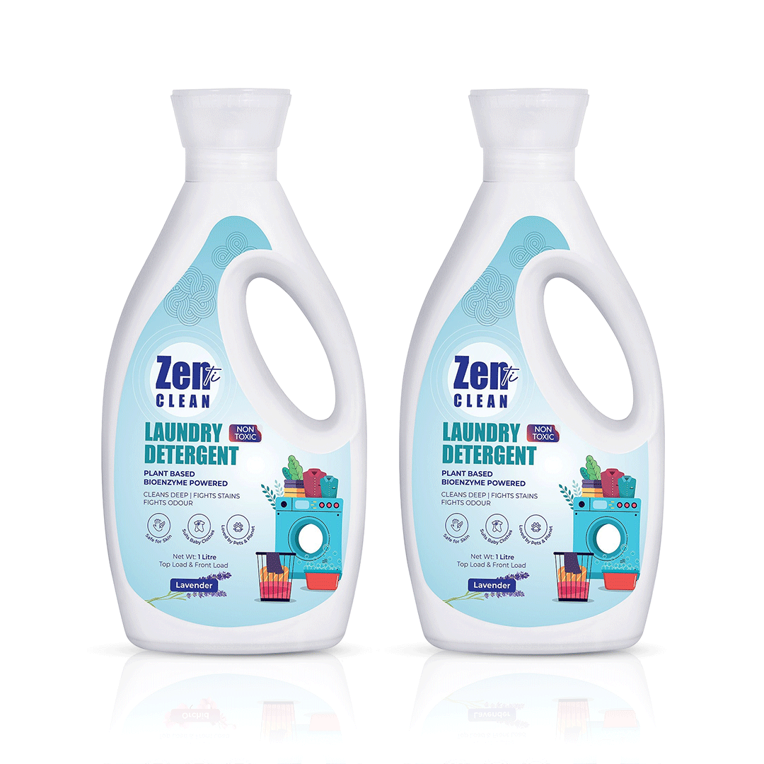 Avni Wellness Two bottles of Zenti Clean plant-based bioenzymes laundry detergent in lavender fragrance, non-toxic formula for top load and front load washing machines, 1-liter each.