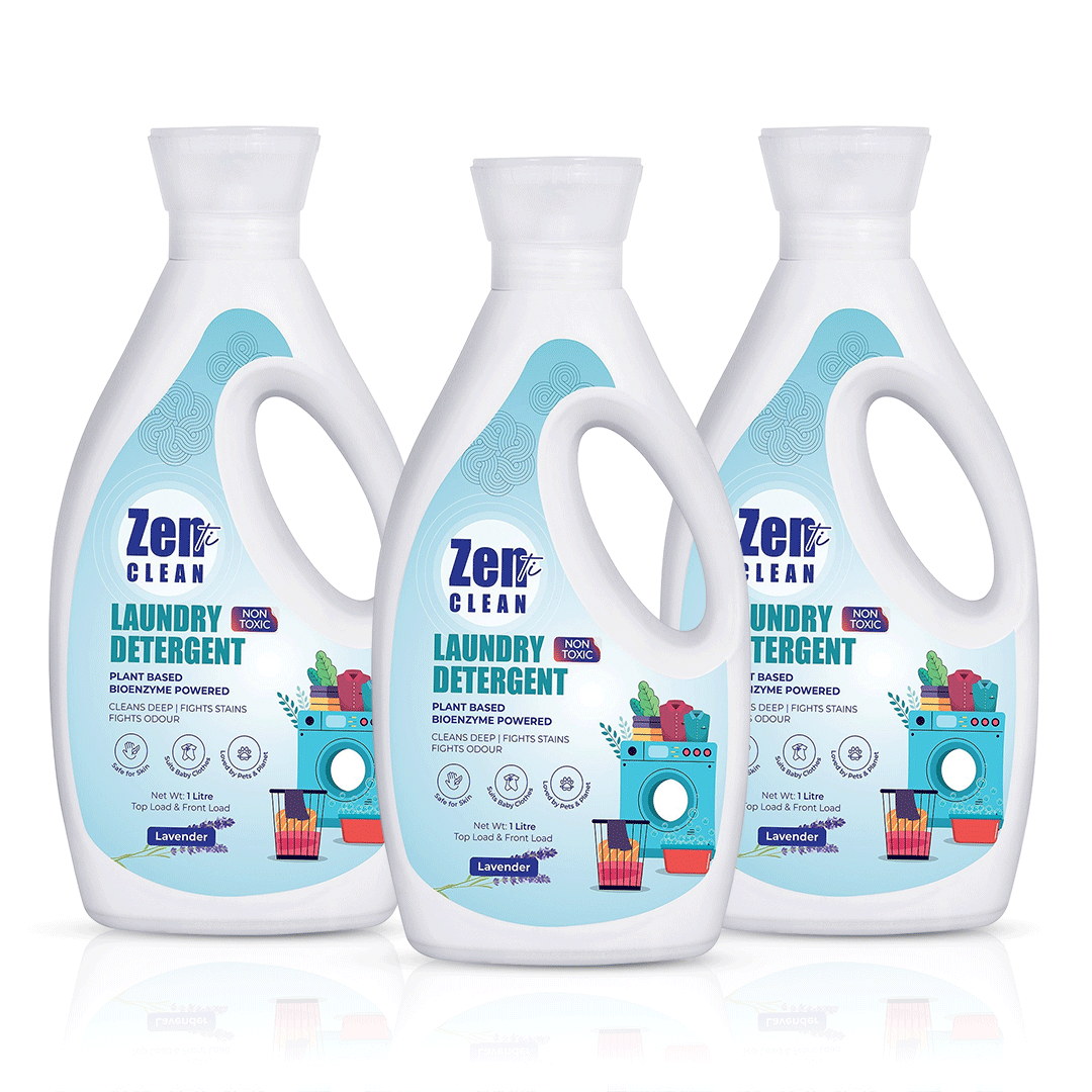 Avni Wellness Three bottles of Zenti Clean lavender-scented plant-based laundry detergent, bioenzymes-powered and non-toxic, suitable for top load and front load machines, 1-liter each.