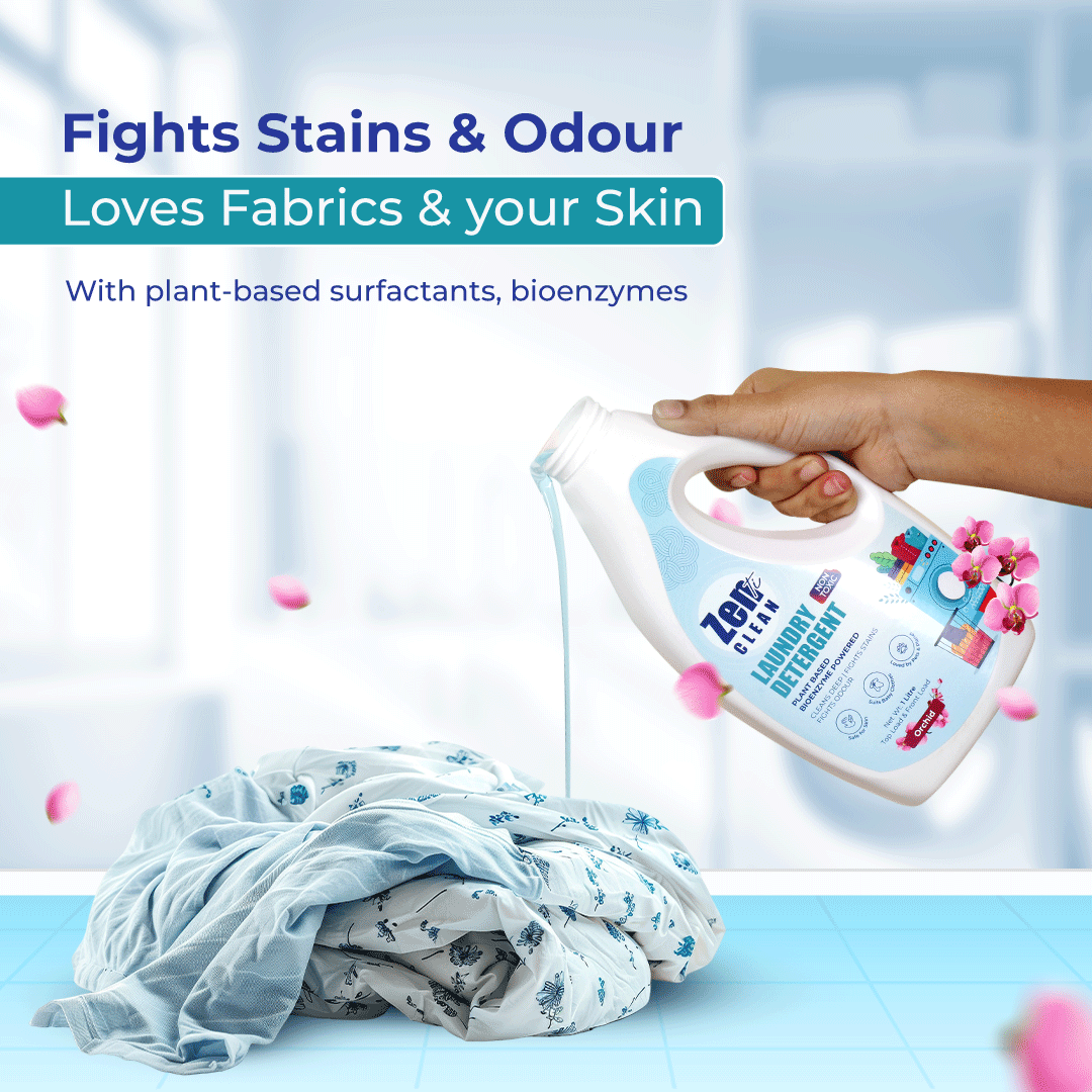 Avni Wellness Plant-based laundry detergent being poured onto clothes, highlighting stain and odor-fighting power, fabric and skin-friendly formula with bioenzymes and natural surfactants