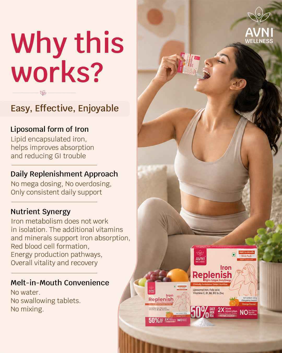 Iron Replenish - Liposomal Iron Supplement for Women, Melt-in-Mouth, 15 sachets of 0.5 g each -BUY3@999