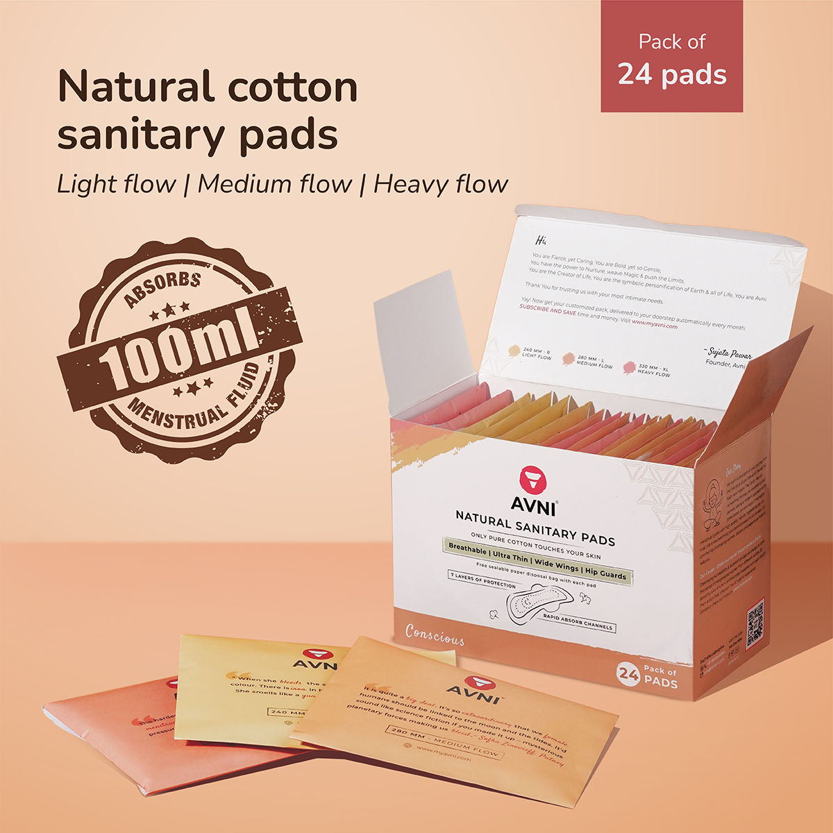 Natural Cotton Sanitary Pads - Value Pack of 24 Pads