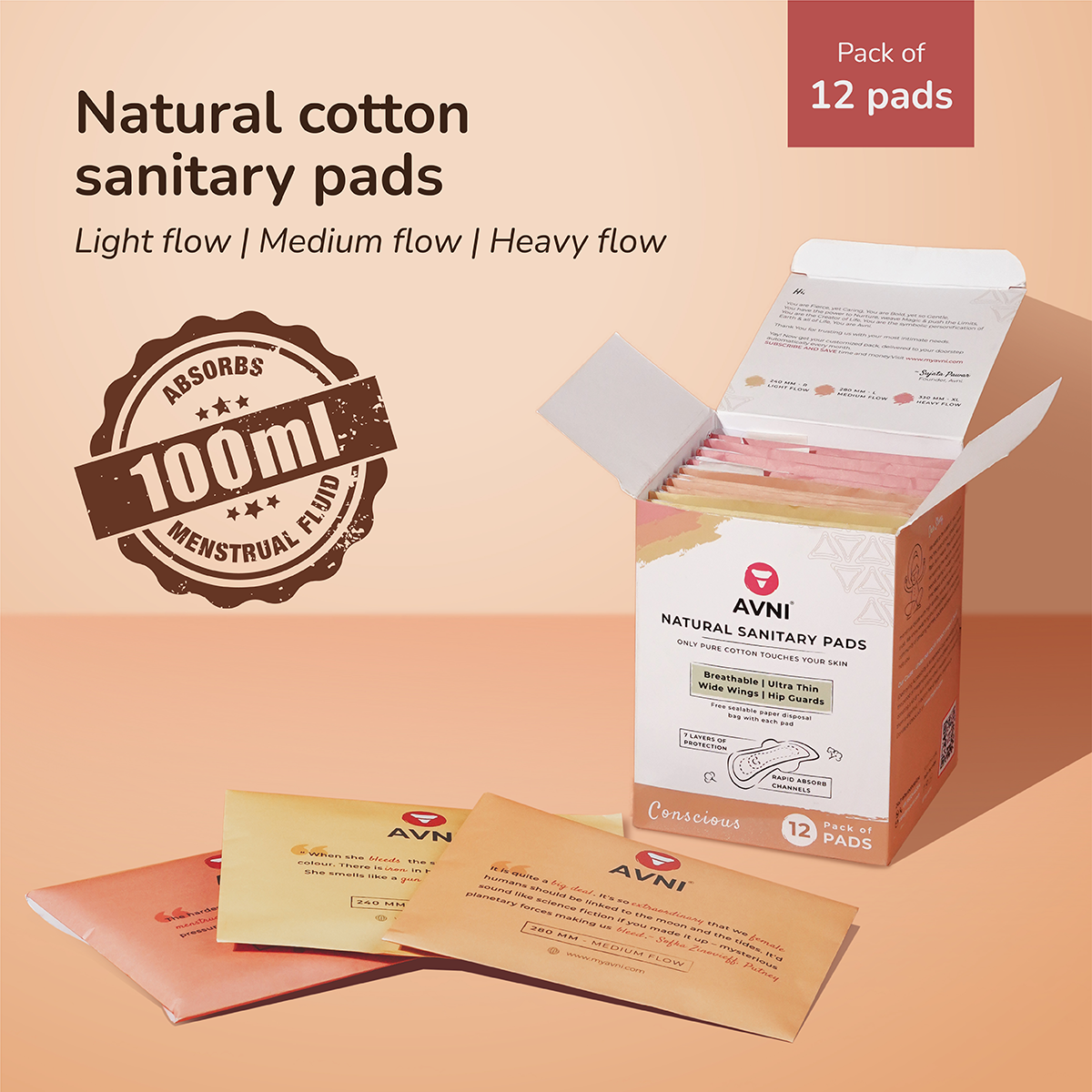 Natural Cotton Sanitary Pads - Cycle Pack of 12 Pads