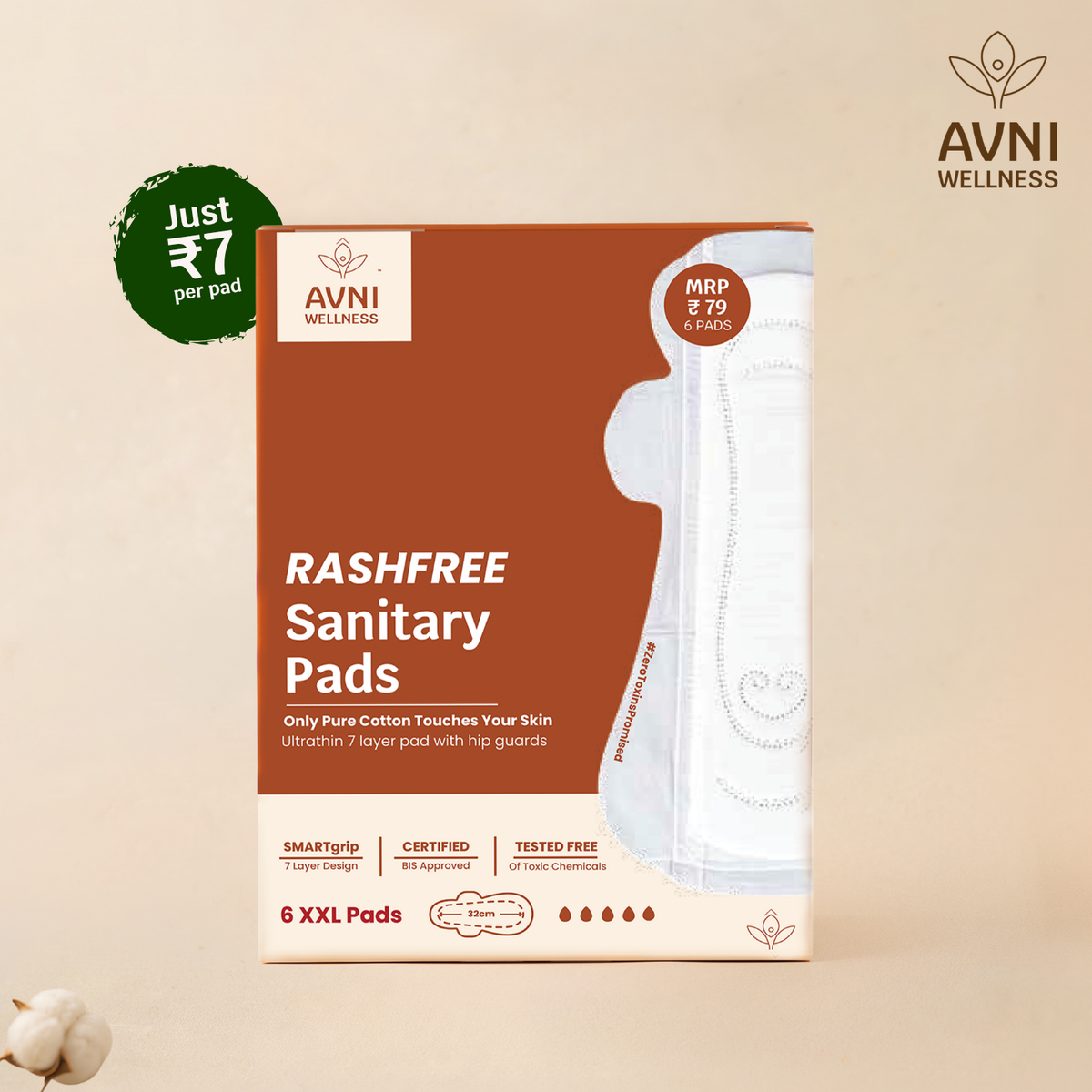 Rashfree, Ultra-thin Sanitary Pads 6 pads (no disposal bag)- BUY3@999