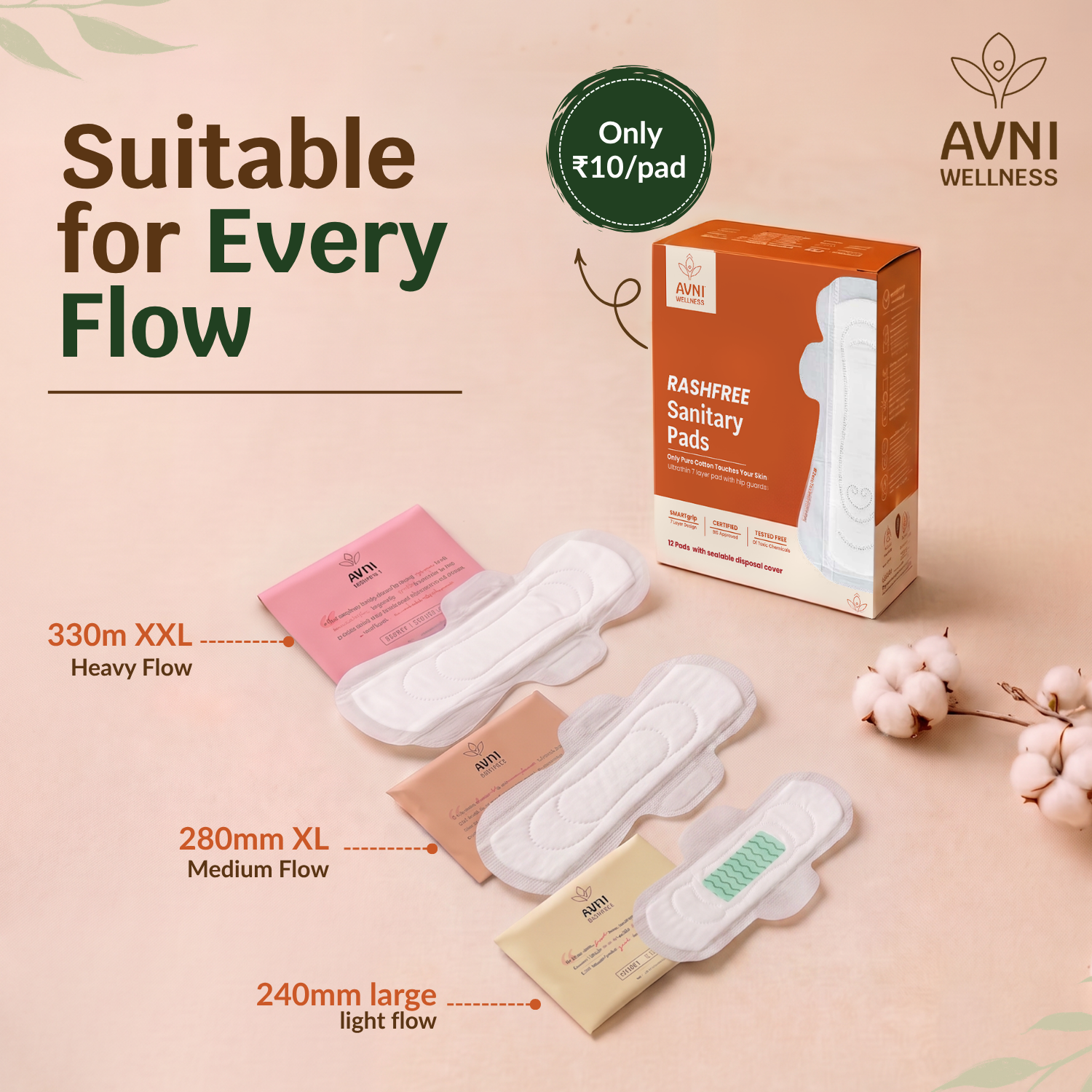 Rashfree Sanitary Pads, Ultrathin cotton (12 Pads)