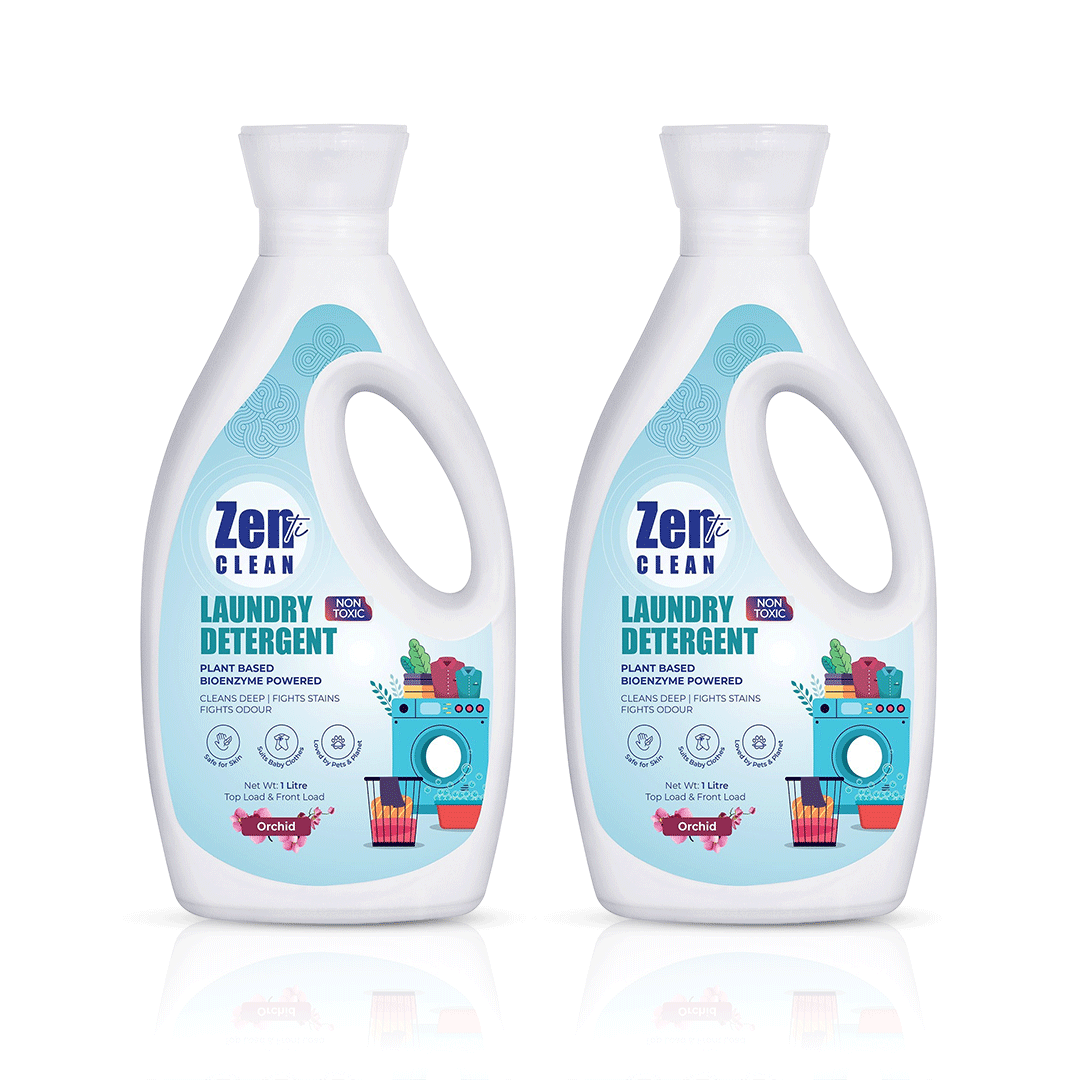 Avni Wellness Two bottles of Zenti Clean Orchid laundry detergent, plant-based and bioenzymes-powered, non-toxic formula for top load and front load machines, 1-liter each.
