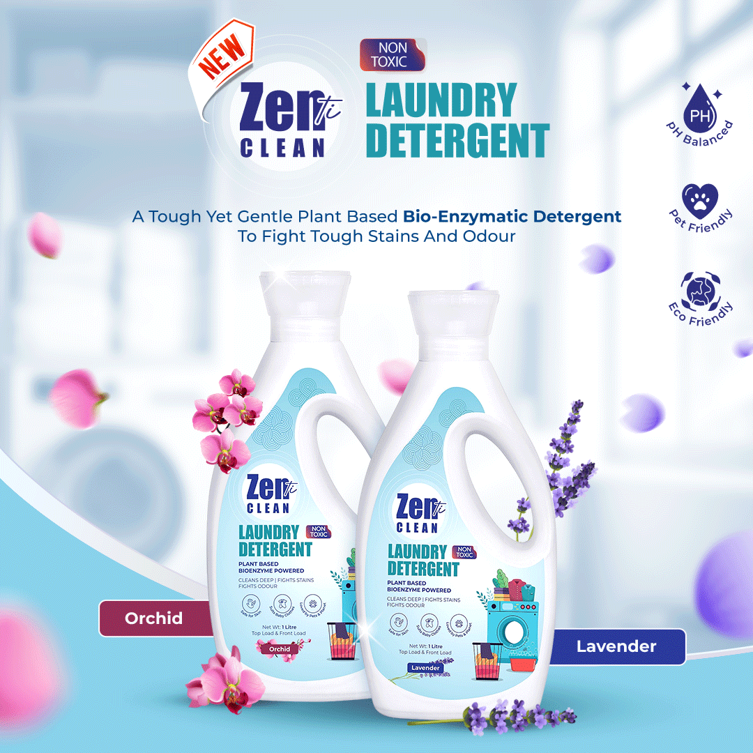 Avni Wellness ZentiClean bio-enzymatic laundry detergent – plant-based, non-toxic, pH balanced, eco-friendly, and pet-friendly detergent available in Orchid and Lavender fragrances for tough stain and odor removal.