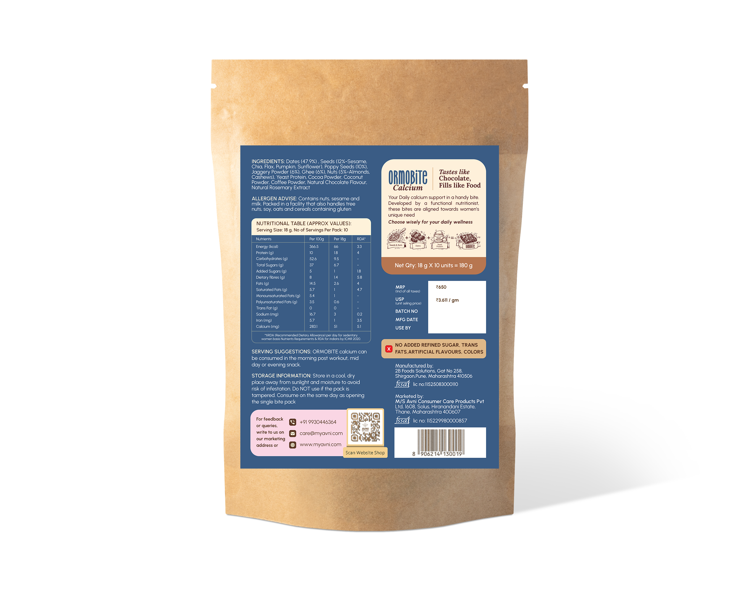 Ormobite Calcium Snack Bite Avni Wellness BOP Plain