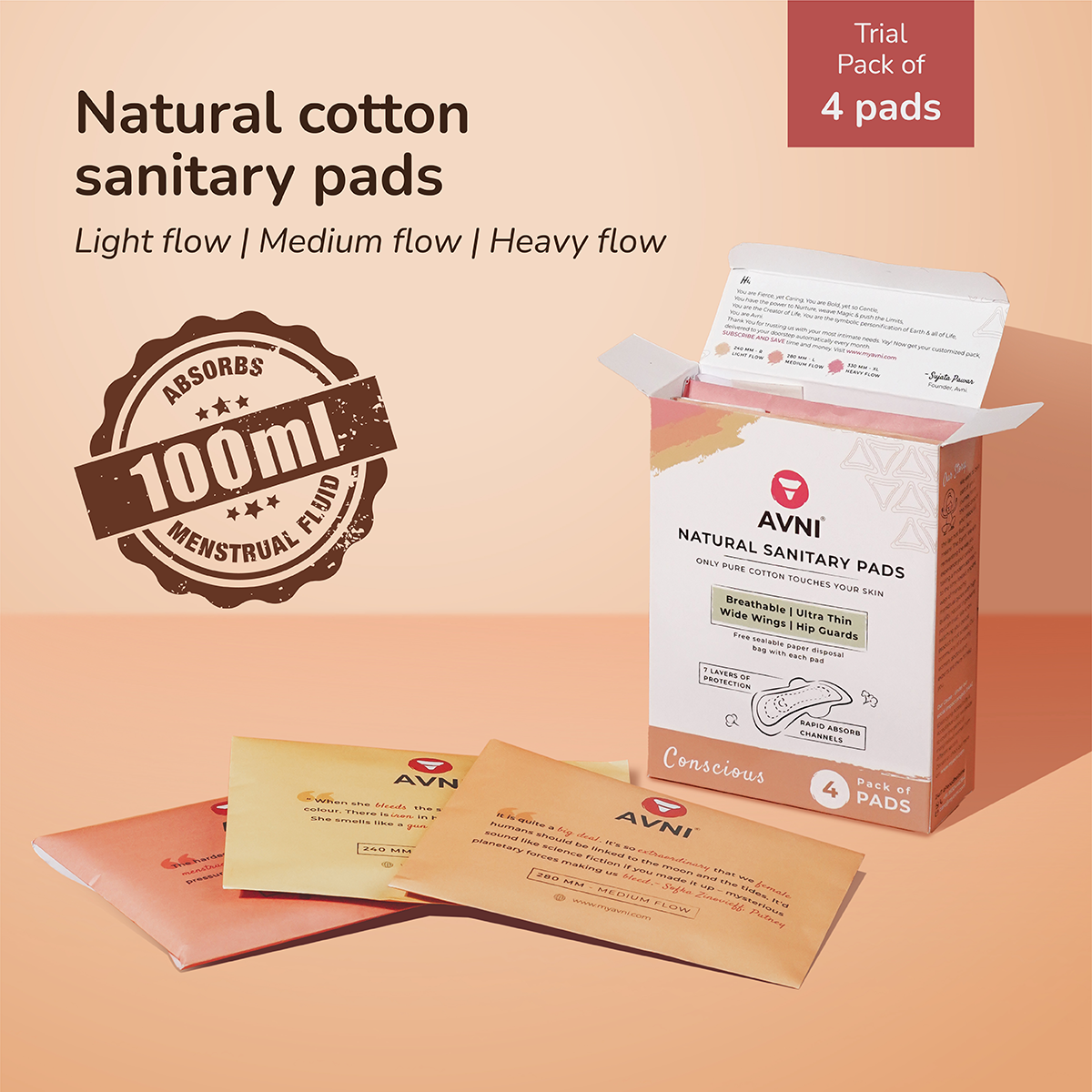 Natural Cotton Sanitary Pads - Trial Pack of 4 Pads