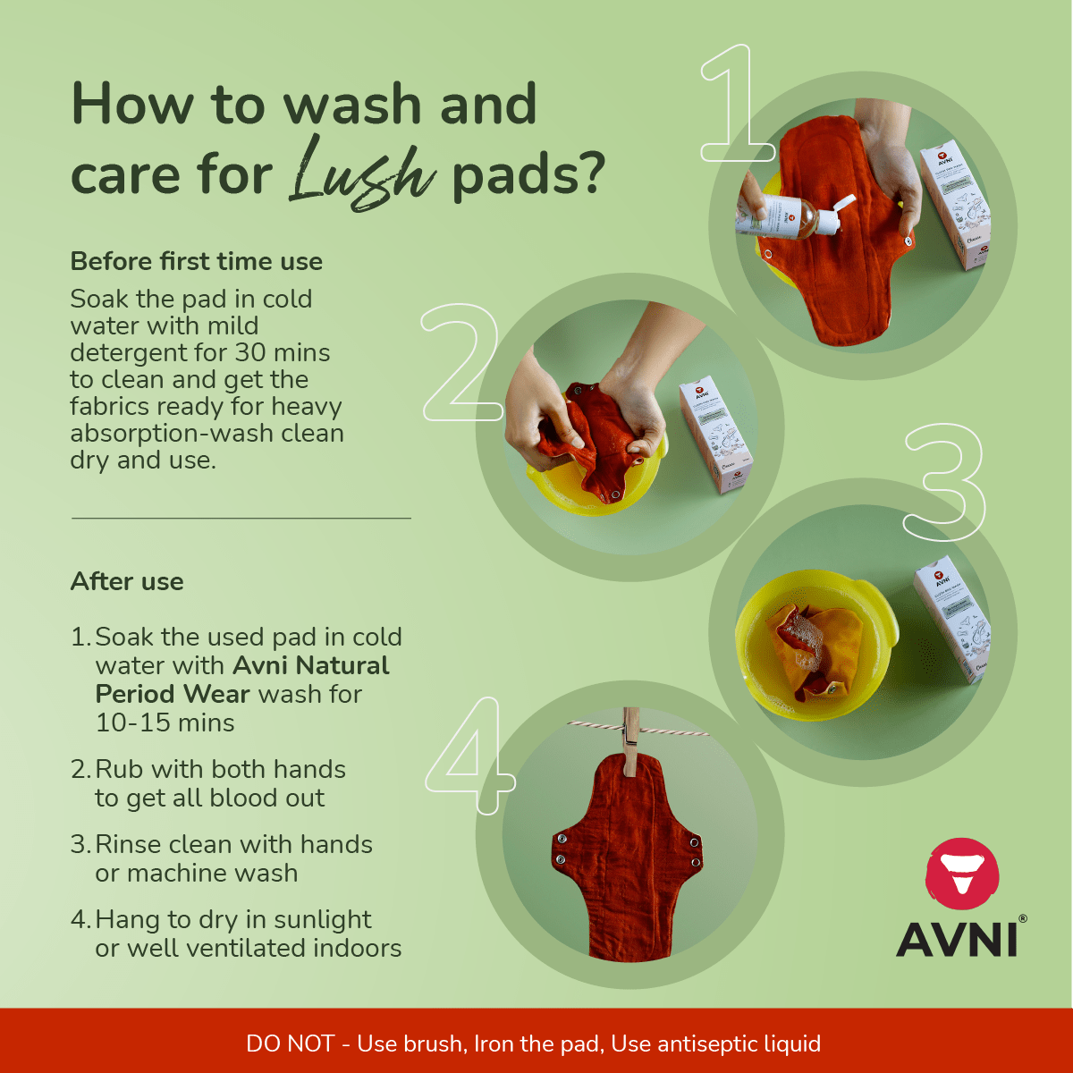 Lush Reusable Cloth Sanitary Pads - 100% Organic Cotton Fabric [4] + Stain Removing Detergent [100ml]